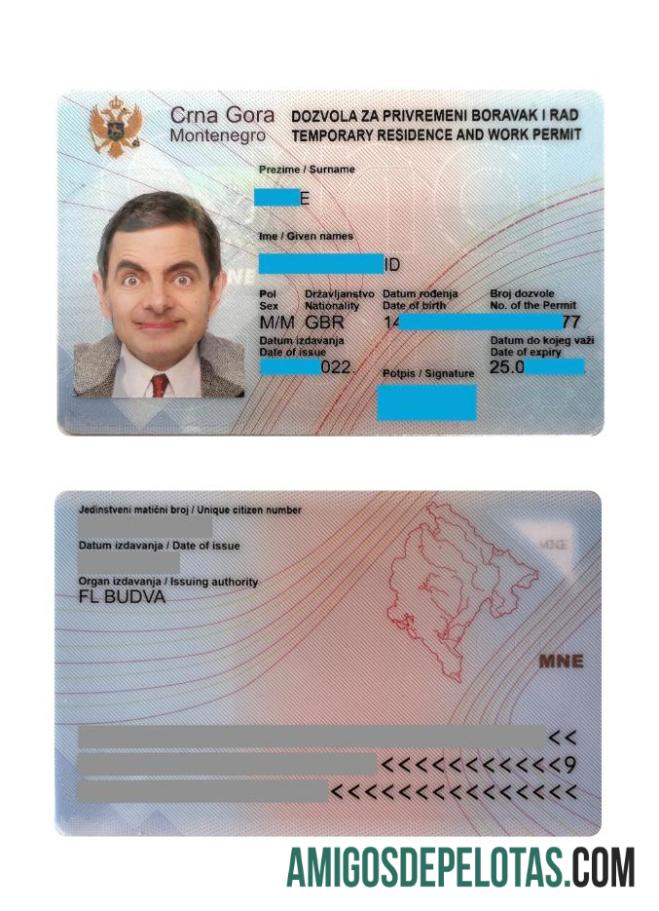 Cartão de Residência Montenegro exemplo real